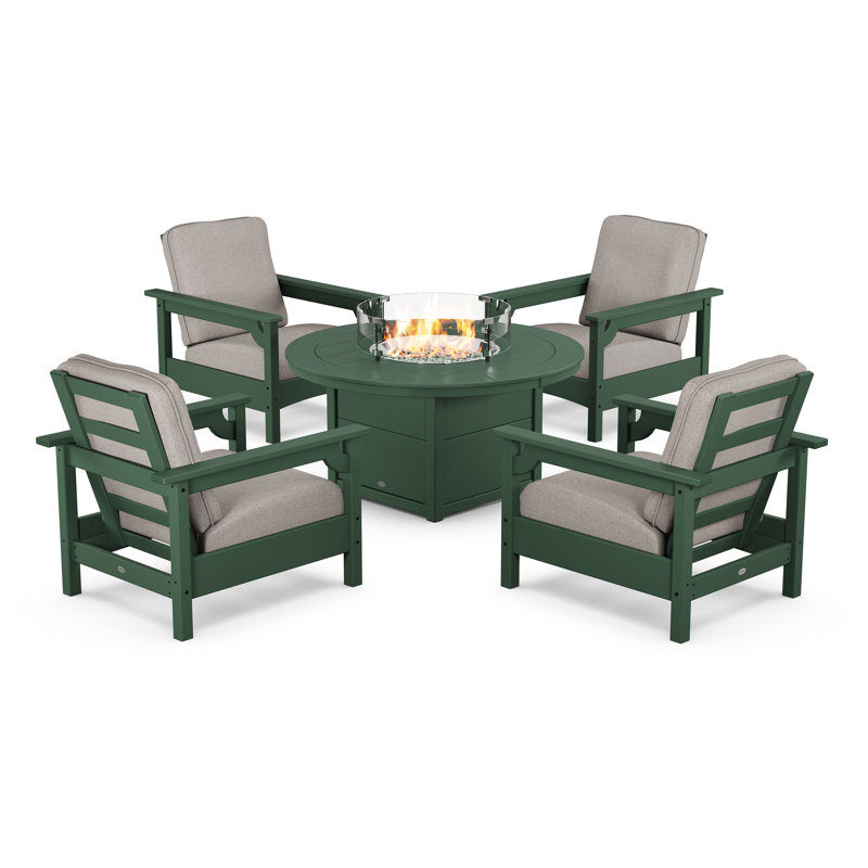 Club 5-Piece Conversation Set with Fire Pit Table, Weathered Tweed, Green