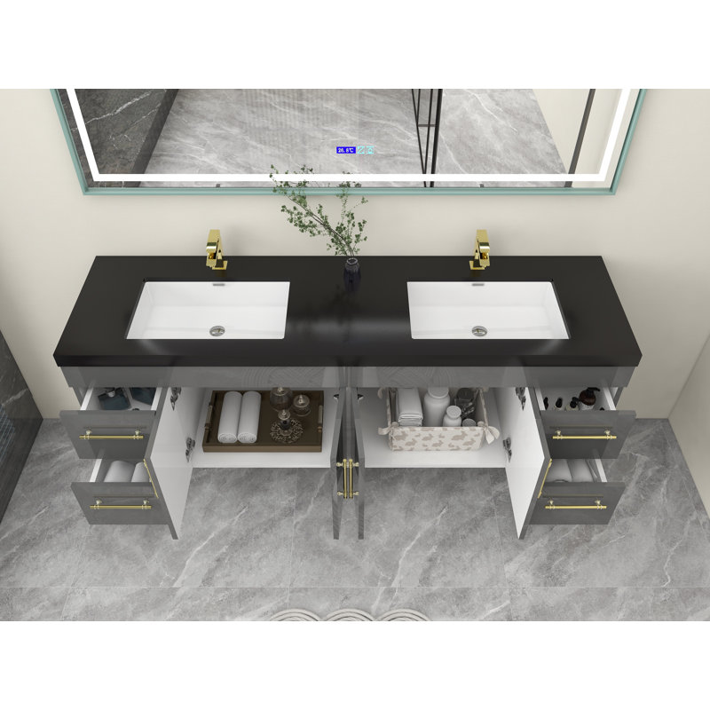 Campy 72" Wall-Mounted Double Bathroom Vanity Set, High Gloss Gray, Matte Gold