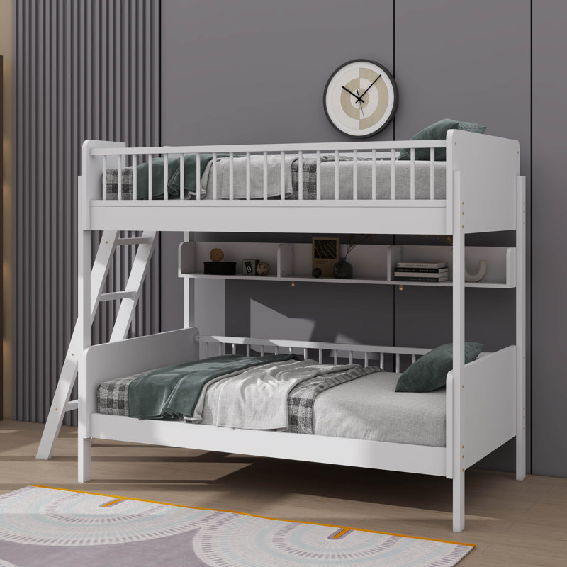 Lit superposé en bois de taille simple, livré avec 3 unités de rangement, Blanc