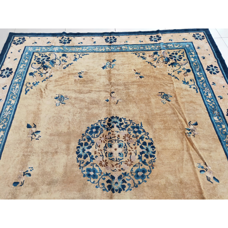 Antique Peking Chinese Medallion Yellow 1930s Rug