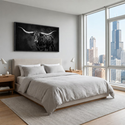 Black And White Texas Longhorn Bull Illustration Canvas Wall Art