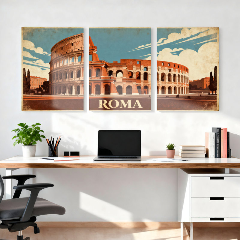 Ensemble de 3 affiches de voyage vintage du Colisée de Rome, imprimées sur toile., H 30 po x l 60 po