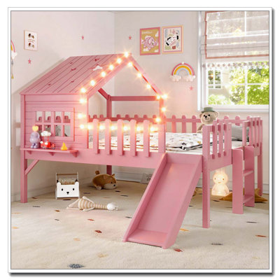 Lit mezzanine avec glissade House, lit maisonnette avec motifs en forme d'étoile en forme de lune et fenêtre, design chic avec lumières DEL