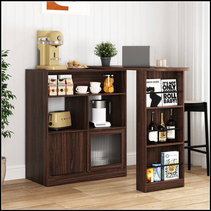 Bar moderne avec comptoir rotatif, hauteur de comptoir, rangement multiple et portes en verre nervuré élégantes