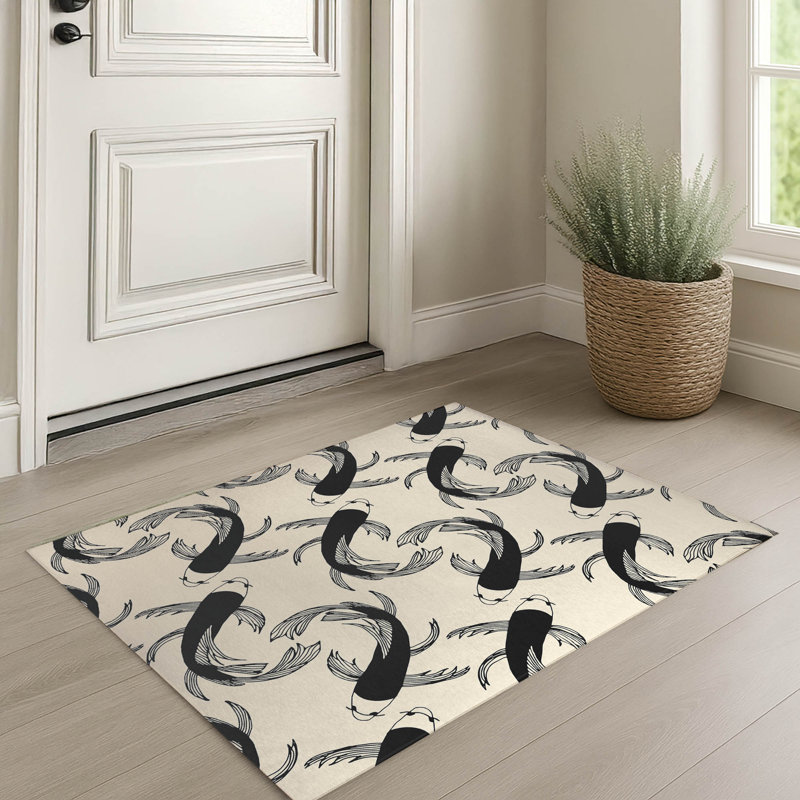Tapis d'entrée d'intérieur ultra fin, léger et antidérapant à motif de carpes koï, Gris anthracite minuit, L 24 po x L 36 po