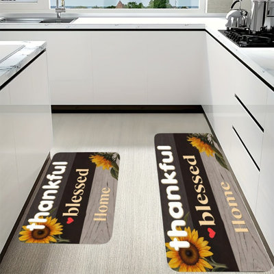 Brown Thankful Sunflower Kitchen Mats, 2 Pack Farmhouse Rugs For Kitchen & Breakfast Nook