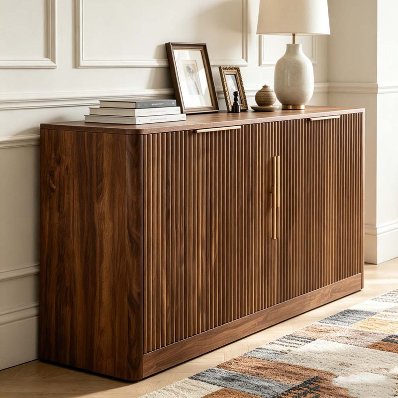 Armoire de rangement ondulée à 4 portes, H 27,7 po x l 59 po x P 15,7 po, Noyer