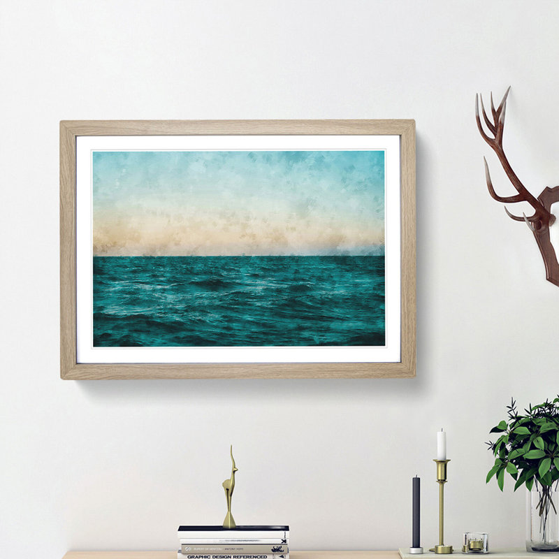 Ocean Stripe - Single Picture Frame Painting on MDF, 48cm H x 65cm W x 2cm D, Oak Framed