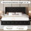 Grand lit plateforme tapissier avec tiroirs de rangement, structure de lit capitonnée avec dossier à oreilles et tête de lit, noir-2105395644-2105395642