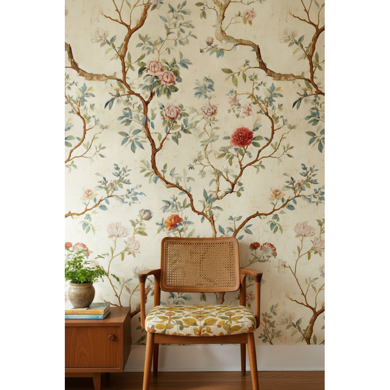 Papier peint floral rétro avec décoration murale beige classique