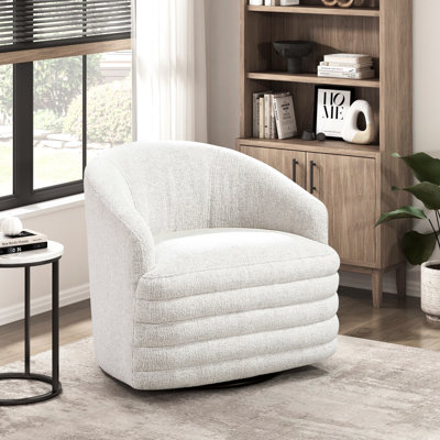 Fauteuil pivotant beige moderne, structure en bois massif renforcée de métal, assise rembourrée en mousse, supporte jusqu'à 136 kg, rotation à 360°, style contemporain pour salon, dossier et assise fixes, pivotant, sans