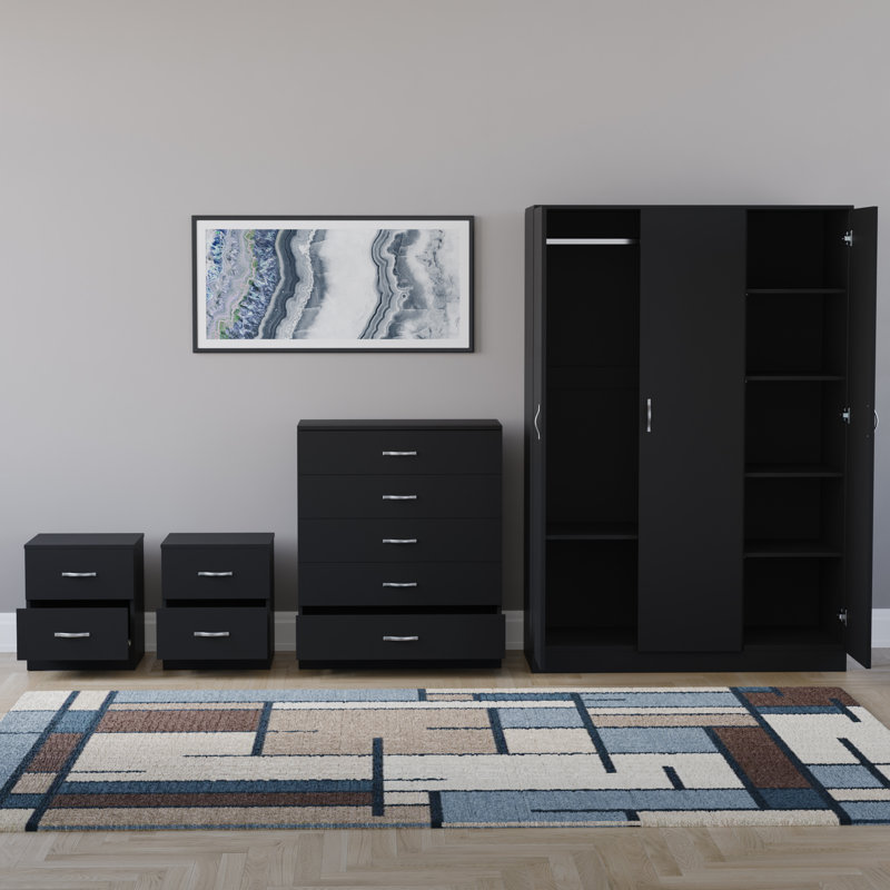 Tayce 4 Piece Bedroom Set (2 Drawer Bedside Chest X2, 5 Drawer Chest, 3 Door Wardrobe), Black