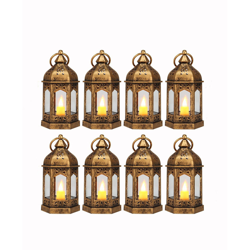 8Pcs Mini Lanterns with Flickering LED Tea Candle, Bronze