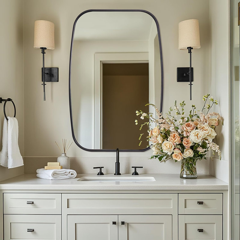 Contemporary Oblong Bathroom Vanity Mirror | Stainless Steel Thick Frame, Matte Black, 36" x 24"