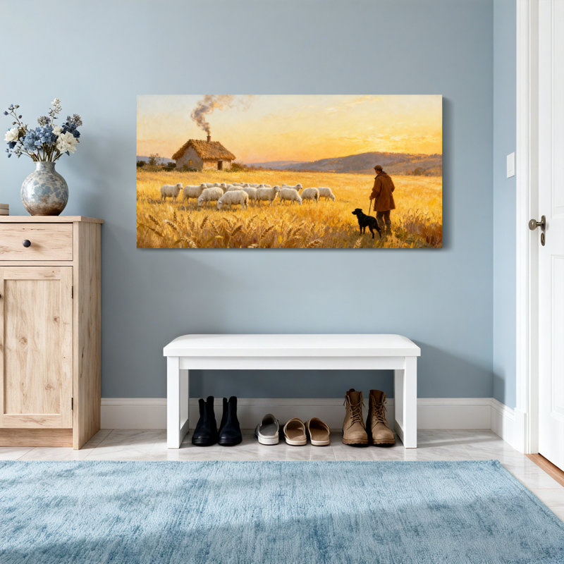 Scénique et paysage urbain berger avec mouton et chien dans un champ, H 24 po x l 48 po