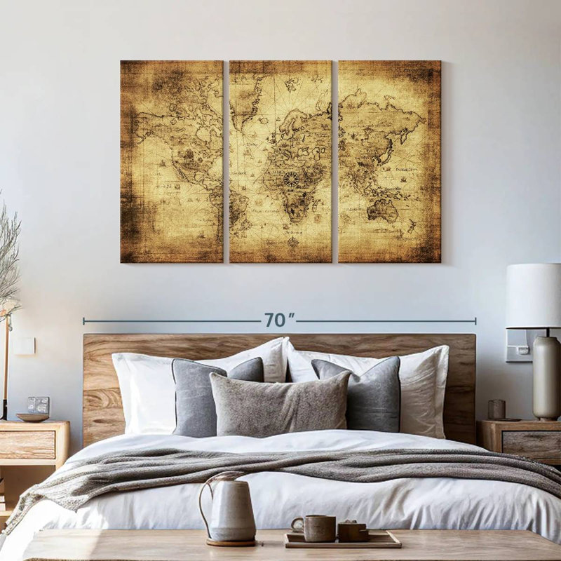 Carte du monde antique sur toile, ensemble de 3 pièces, H 36 po x l 57 po x P 1,25 po