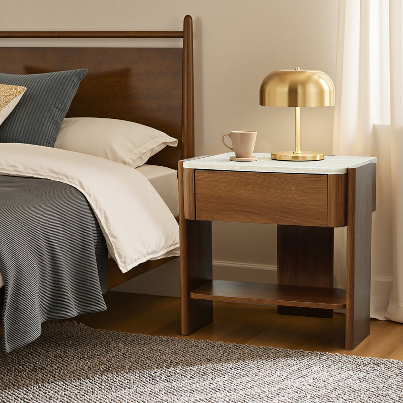 Mid-Century Modern End Table with Faux Travertine Top, Drawer and Open Shelf Nightstand