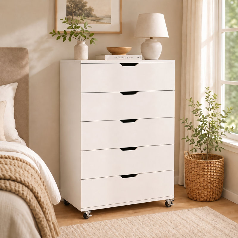 Commode à 5 tiroirs H 46,46 po avec roulettes, commode à lingerie, table de chevet, White