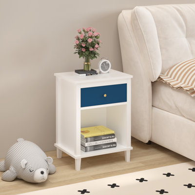 Table de chevet en bois de 26,77 po de hauteur avec un tiroir et une tablette pour enfants, adultes, marine et poignée dorée