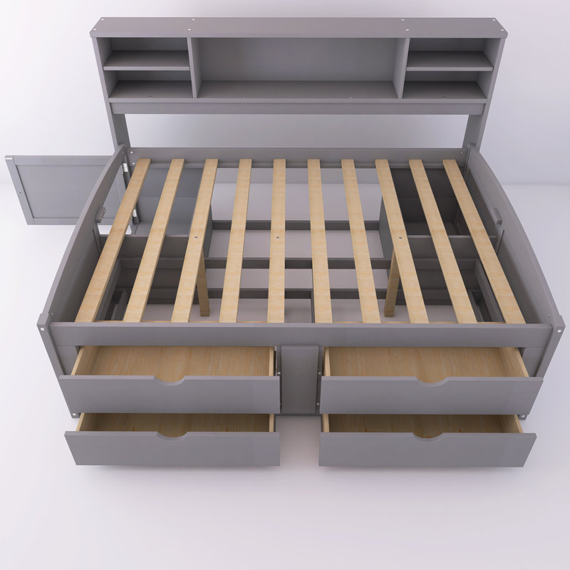 78'' Full Size Wood Daybed With 2 Bedside Cabinets, Upper Shelves And 4 Drawers, Gray