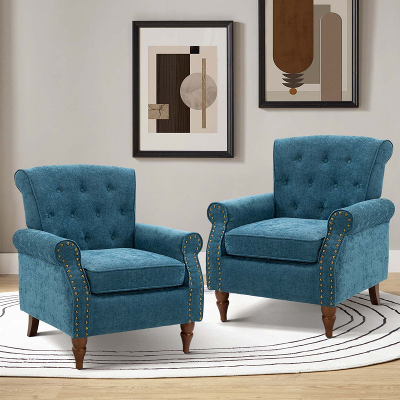 Anine 29.5" W Tufted Armchair, Blue Polyester
