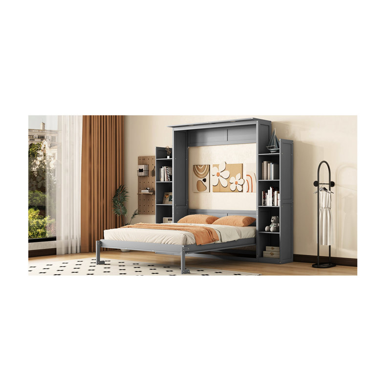 Grand lit gris. Étagères peu encombrantes et à DEL. Idéal pour un usage domestique. Lit armoire pliable. Fabrication en contreplaqué. Peut accueillir un matelas de 8 pouces. Facile à construire avec un environnement tranquille à DEL doux et gris