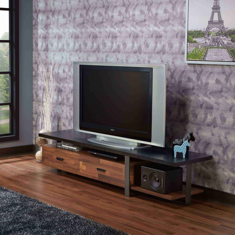 Meuble télé 2 tiroirs noyer et noir avec 1 tablette sur place