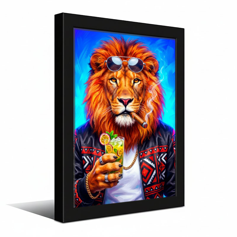 Animaux lion portant des lunettes de soleil et un cigare tenant un cocktail, H 24 po x l 36 po, Toile tendue
