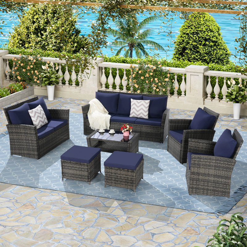 Ensemble de meubles d'extérieur 7 pièces 7 pièces Pe / Rattan, Bleu foncé