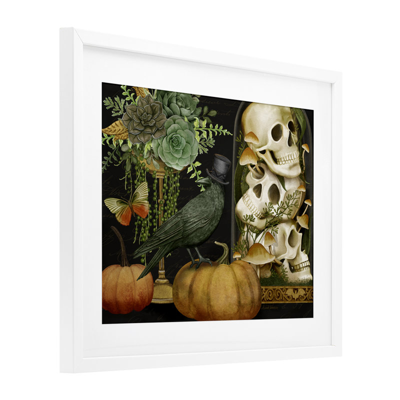 Corbeau et crânes Académie, reproduction sous verre encadrée, conception par Nicole Tamarin, H 17 po x l 21 po