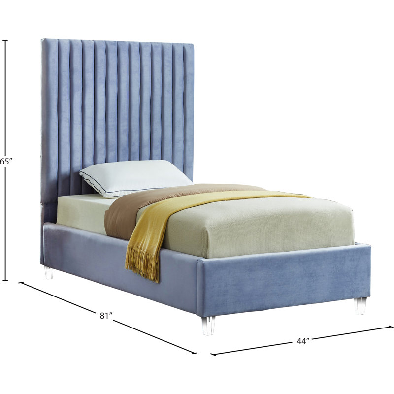 Upholstered Platform Bed, Twin, Sky Blue Velvet