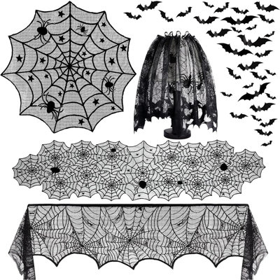 5-Piece Halloween Spider Web Décor Set with Mantel Scarf, Table Runner, Round Table Cover, Spider Lampshade & 3D Bats, Black Gothic Decorations
