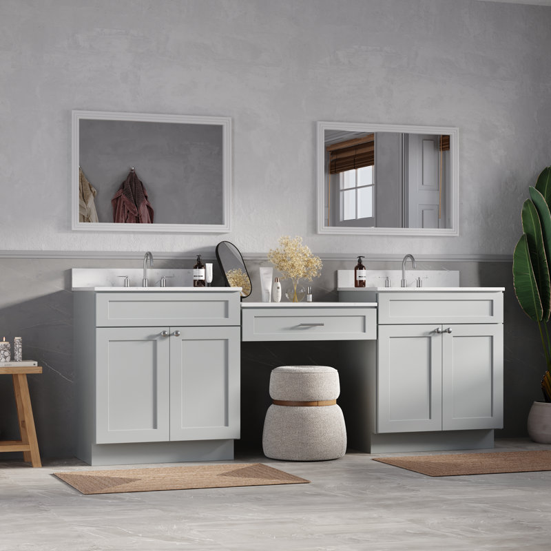  Meuble-lavabo double 91 po avec comptoir en quartz 91 po, Gris