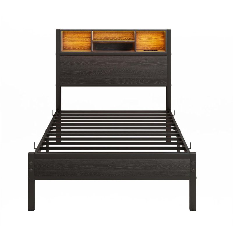 Twin Size Bed Frame With Storage Headboard, Metal Platform Bed With Charging Station, Bookcase Storage, No Box Spring Needed, Easy Assembly