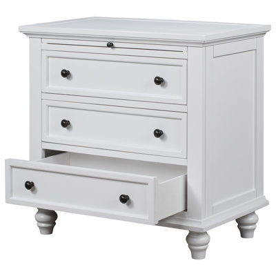 Table de chevet 27,6 po avec 3 tiroirs et plateau coulissant, table de chevet en bois de pin massif pour chambre
