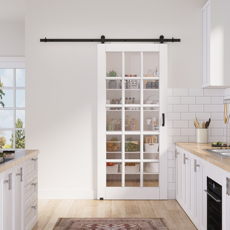 30in.x 80in.15 Lite Clear Glass White Door Slab Prefinished Surface With All Barn Door Hardware Kit, 36in.x 80in.