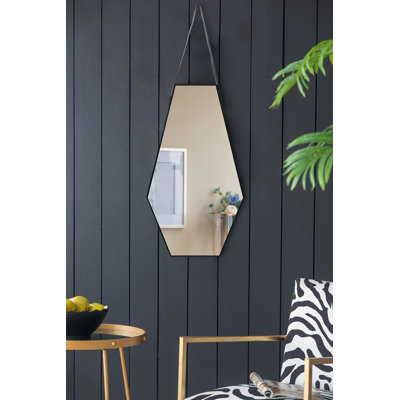 Hexagonal Wall Mirror with Hanging Leather Strap