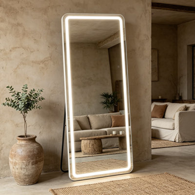 Miroir pleine grandeur avec lumières DEL, miroir de plancher à intensité variable de 71 po x 32 po, commande tactile à 3 modes de couleur, miroir complet ou mural pour le vestiaire de la chambre à coucher, blanc
