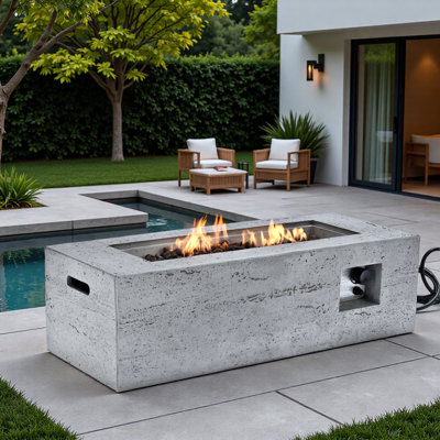 Mgo Propane Outdoor Rectangular Fire Pit With Side Cutout Handles, Steel Burner, Adjustable Flame Control, Lava Rocks And Rain Cover