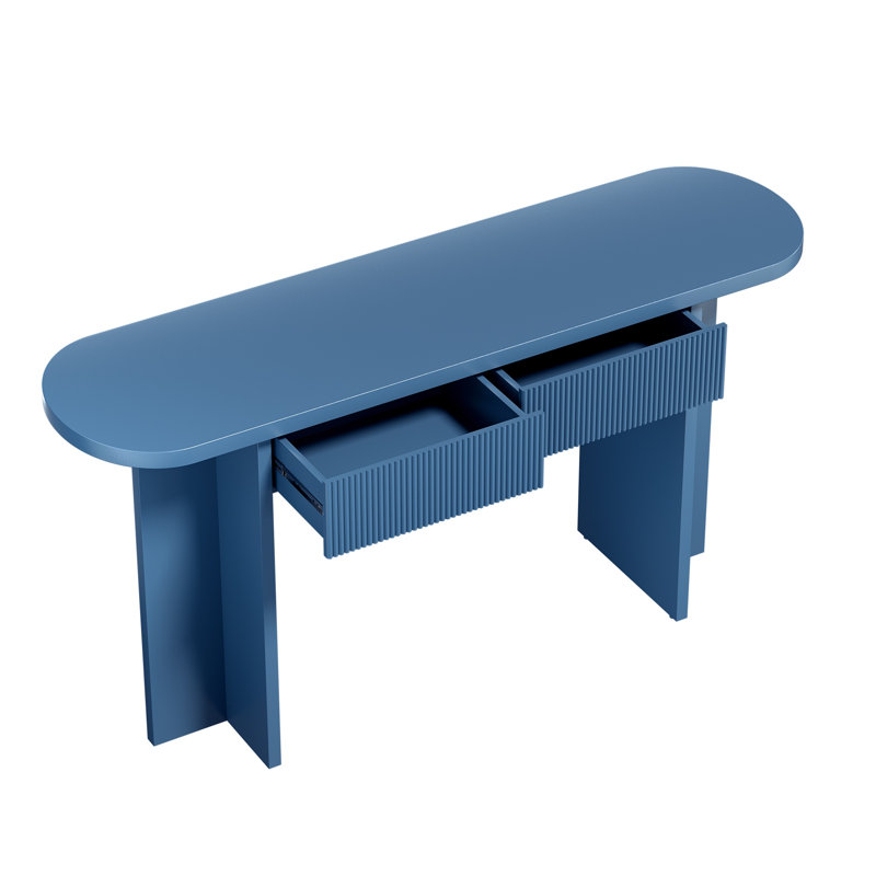 OMCHOM Console de style Mid-Century moderne de 63 pouces avec 2 tiroirs, table d'entrée cannelée en bleu