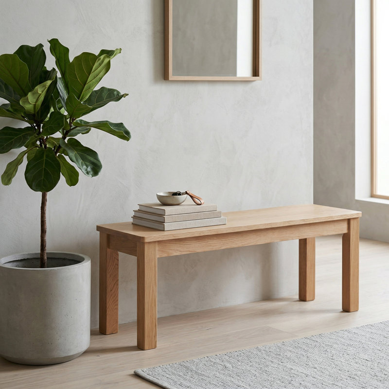 Solid Oak Wood Dining Bench, Natural Finish, Thick Sturdy Build, Non-Slip Foot Pads for Entryway, Natural