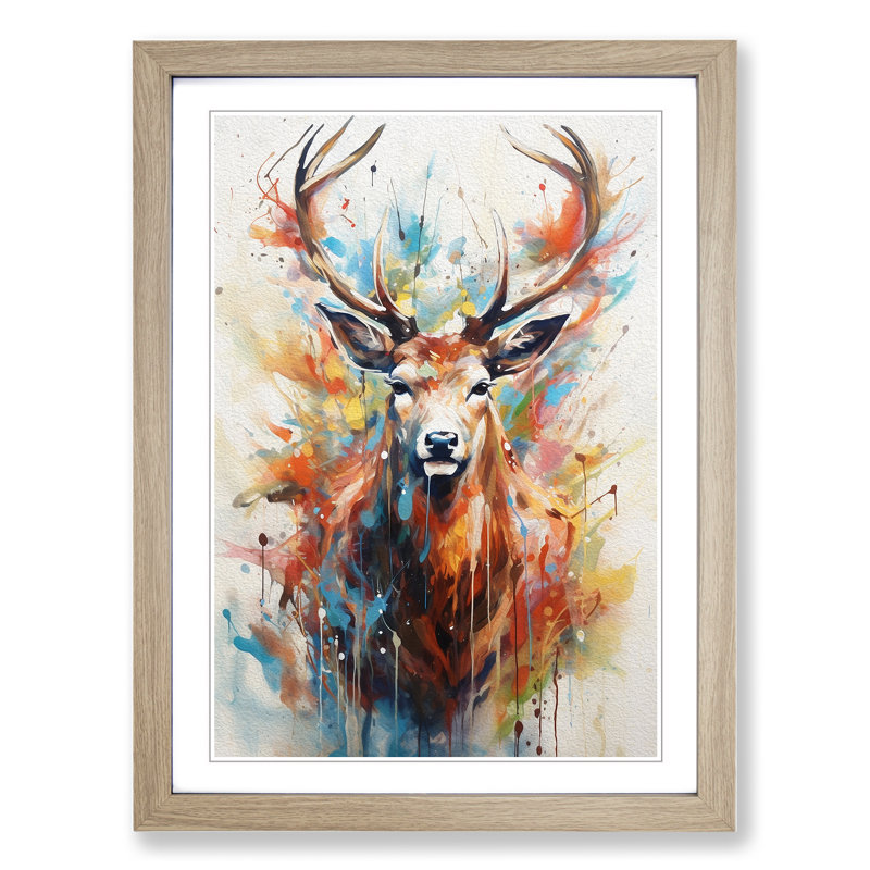 Deer Gestural - Single Picture Frame Print on Wood, Oak Framed, 34cm H x 25cm W