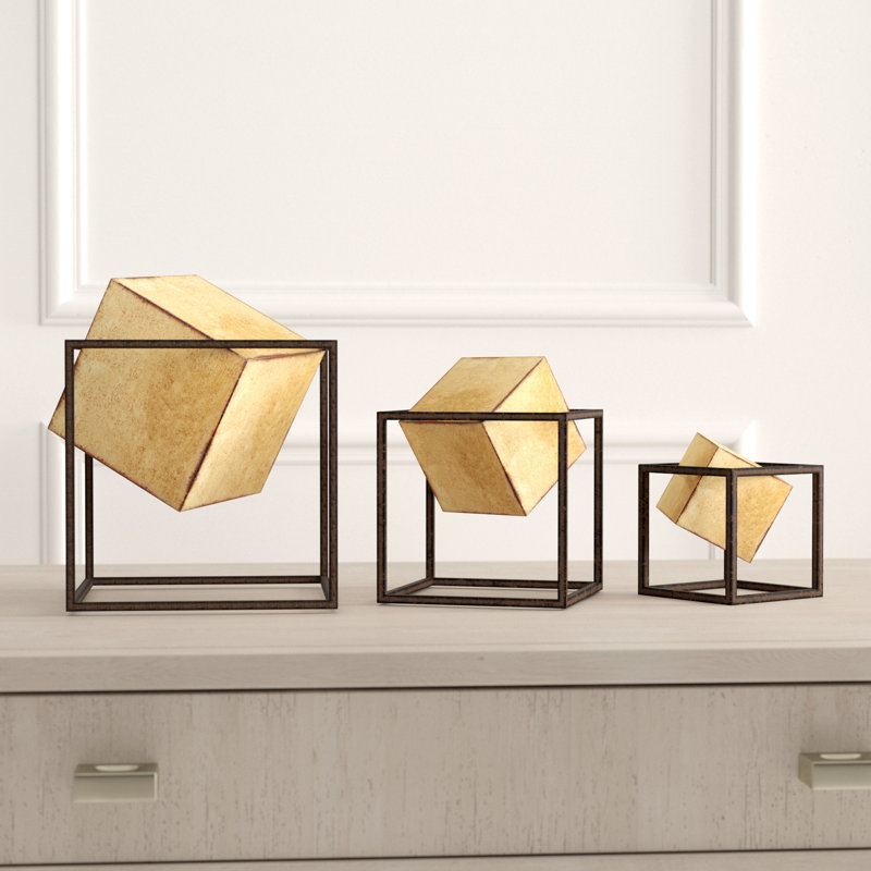 Gold and Black Metal Geometric Cube Decor Set, 3-Piece