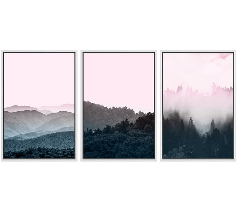 «Neon Pink Sky Mountain Forest Valley Nature Landscape», 3 pièces, Blanc, H 24 po x l 16 po