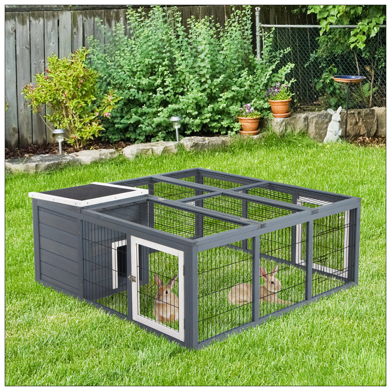 Cage à lapin imperméable et durable avec maison principale ouverte et trois portes de ventilation pour une utilisation intérieure et extérieure, gris