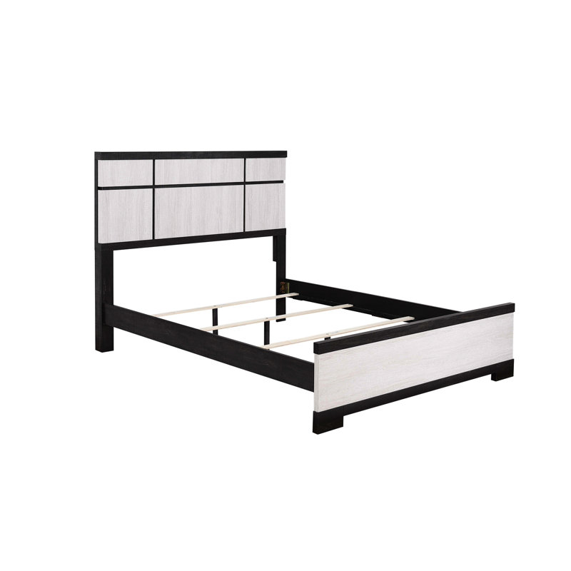 Modern, Queen Panel Bed Frame, Geometric Eye - Catching Two Toned Headboard, Chalk Ebony, Transitional Style, For Bedroom, Box Spring Essential Contemporary Size With Style Ebony And Cream Colors,