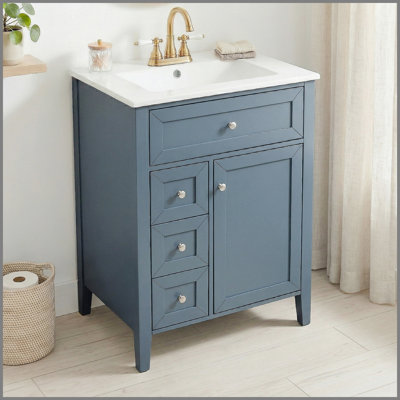 Meuble-lavabo de 24 po avec lavabo, lavabo en céramique, armoire de salle de bain avec 1 tiroir coulissant et 2 tiroirs de rangement coulissants, porte à fermeture en douceur avec support de rangement, pieds en bois massif, un paquet, bleu gris