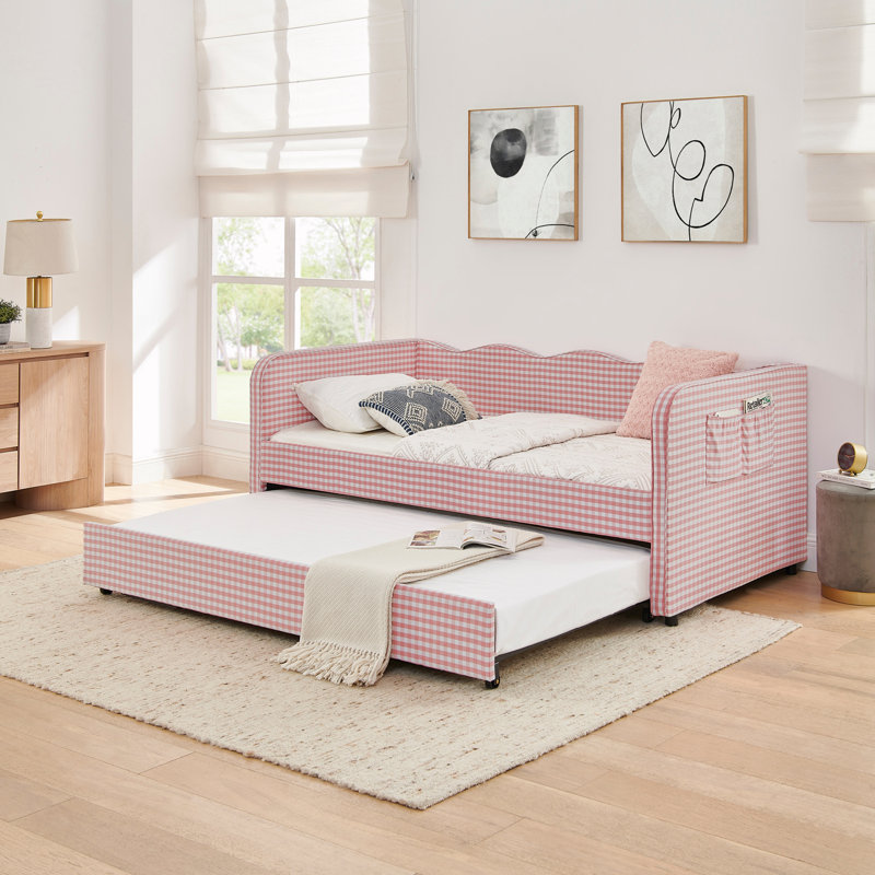 Twin‑Size Upholstered Daybed With Pull‑Out Trundle & Side Pockets, Twin, Pink