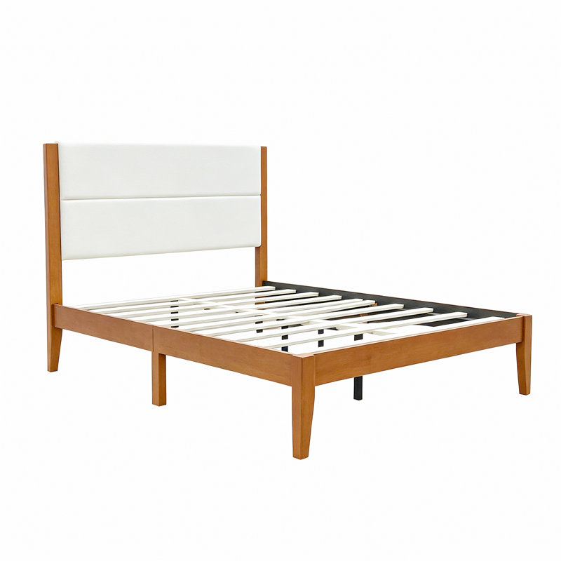 Structure de lit plateforme Mid-Century moderne avec tête de lit tapissier, support de lattes en bois massif, aucun sommier requis, assemblage facile, brun