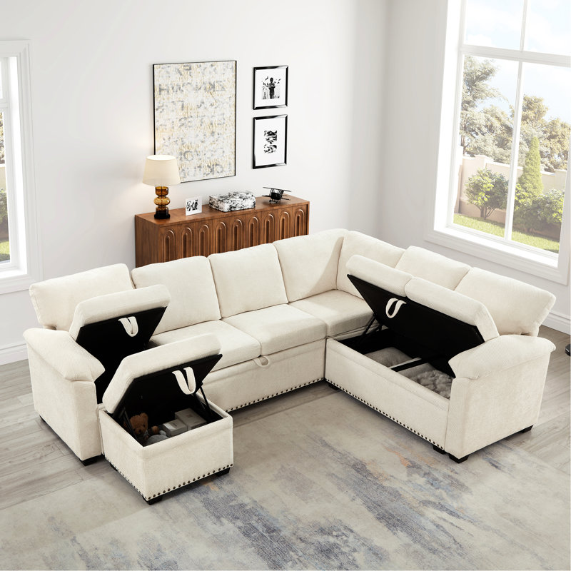 Chenille Fabric 97 Inch L-Shaped Sectional With Storage , 7 Seats, Beige Living Area 7, Beige, For Room